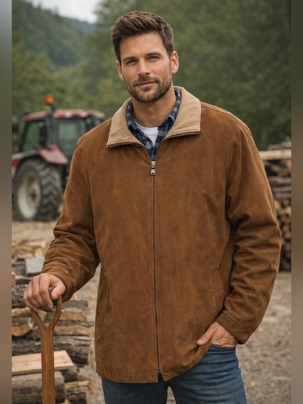 London Fog Bomber chore Jacket Men Sz M Lined Full Zip Rain Resistant Faux Suede